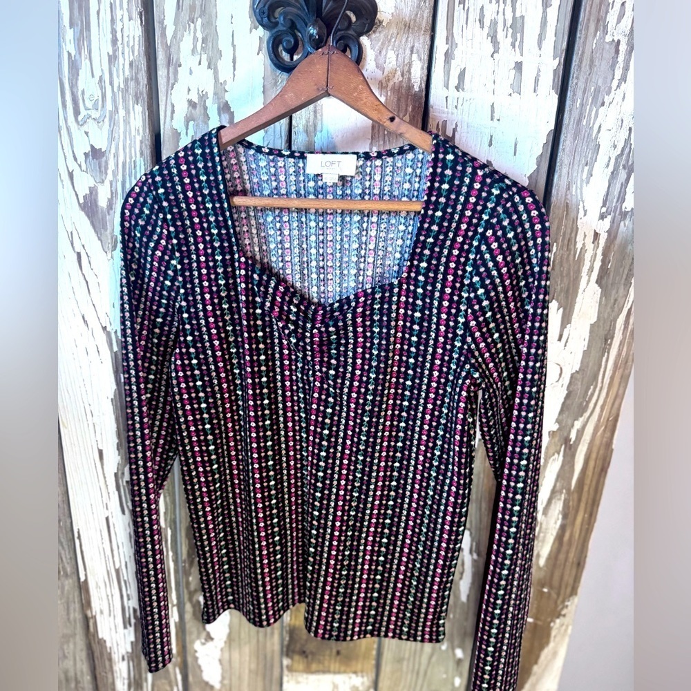 LOFT Women's Black and Pink Floral Striped Top Size XS